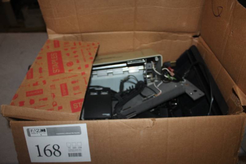 lot 168 image: Box Lot of Electronics Including Premier Instant Letter Folder, Swingline 690e, And More