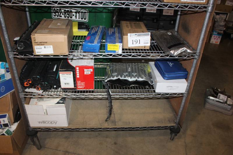 lot 191 image: Bottom 3 Shelves Including Toner Cartridges Yellow, Ricoh Print Cartridges Black 2185, Misc Toner Cartridges, Ricoh Printer Ribbon Black