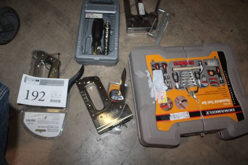 lot 192 image: Lot of Tools Including Durabuilt Household Tool Set, Staplers, Wine Set