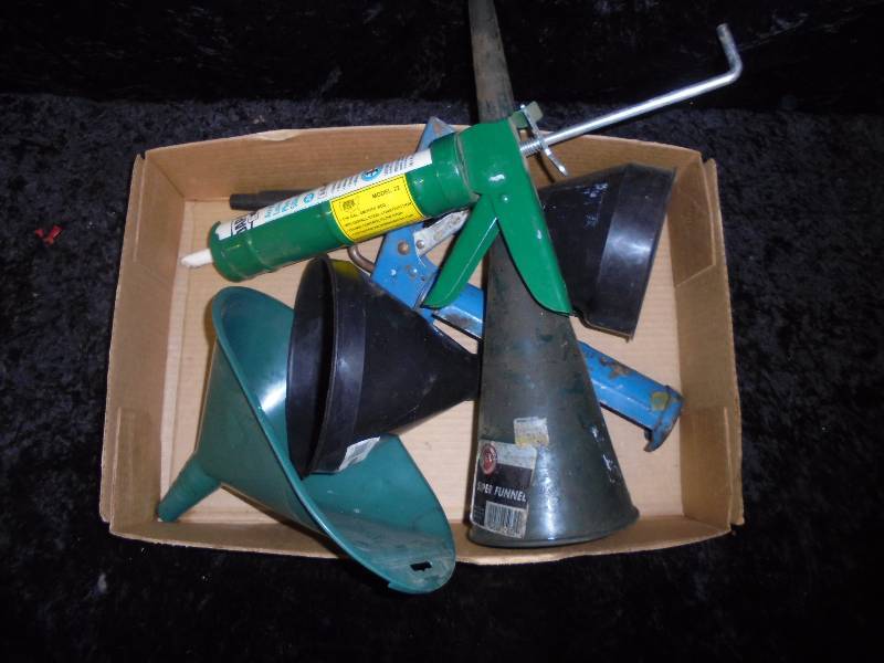 Lot - Funnels & Caulking Guns