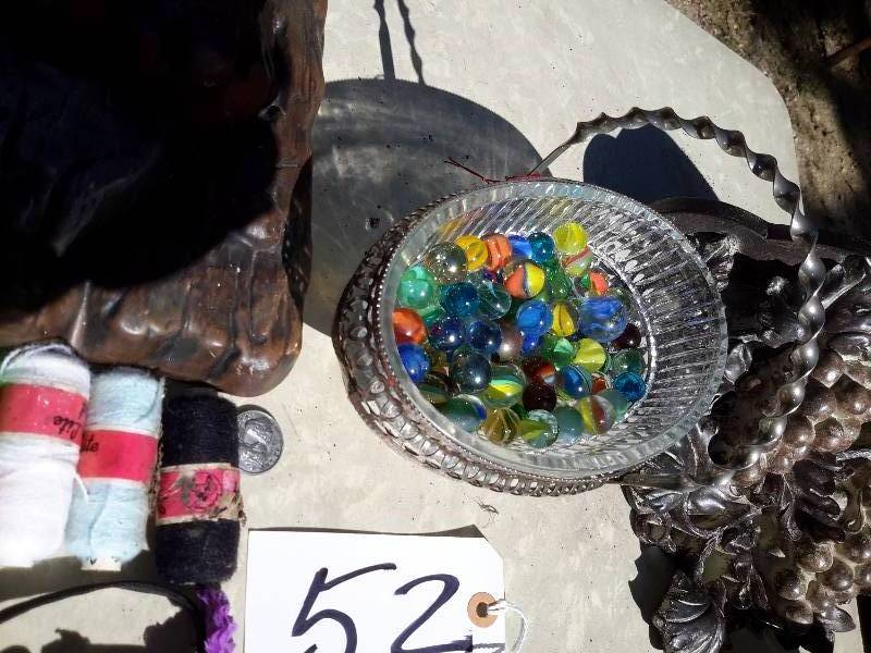 lot 52 image: Vintage Mirror and Brush  Dish with about 50 vintage Marbles and other decorative items.. See closeups
