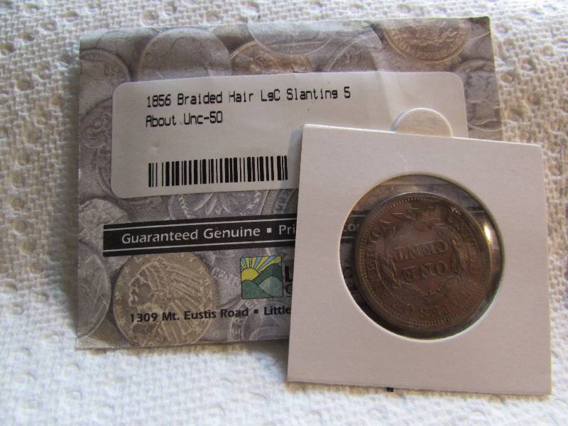 1856 BRAIDED HAIR LARGE CENT, SLANTING 5, ABOUT UNCIRCULATED-50, LITTLETON COIN COMPANY PKG