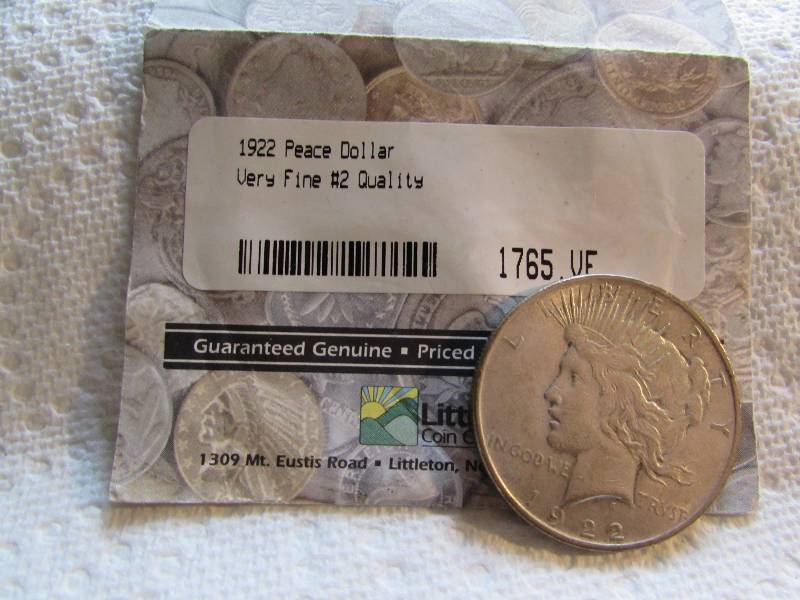 1922 PEACE DOLLAR,90% SILVER, VERY FINE #2 QUALITY, LITTLETON COIN COMPANY PKG