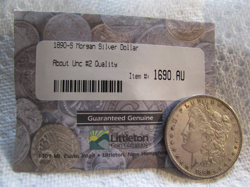 1890 S MORGAN SILVER DOLLAR 90% SILVER, ABOUT UNCIRCULATED #2 QUALITY, LITTLETON COIN COMPANY PKG
