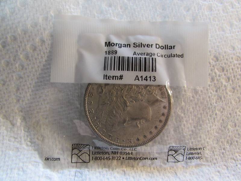 1889 MORGAN SILVER DOLLAR, AVERAGE CIRCULATED, 90% SILVER, LITTLETON COIN COMPANY PKG