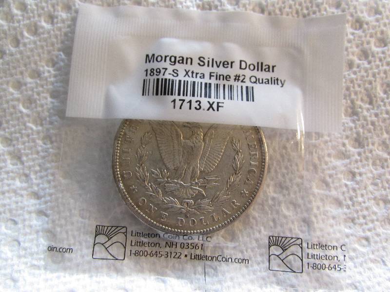 1897 S MORGAN SILVER DOLLAR, XTRA FINE #2 QUALITY, 90% SILVER, LITTLETON COIN COMPANY PKG