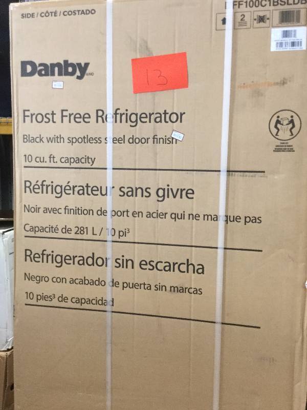 Danby 9.9 cu. ft. Top Freezer Refrigerator in Stainless Look, Counter Depth Model DFF100C1BSLDB  New Sealed box stock and actual pictures used