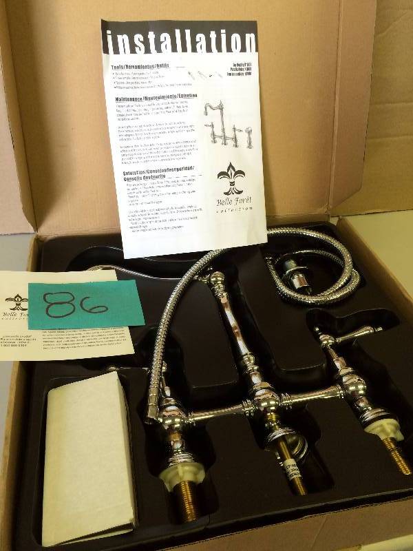 Belle Foret 2-Handle Bridge Kitchen Faucet with Side Sprayer and Metal Lever Handles in Chrome never used stock and actual photos used to display item