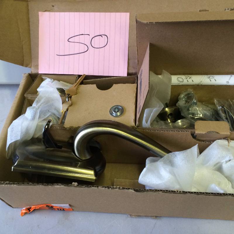 Schlage F Camelot x Accent Lever Antique Brass Dual-Lock Keyed Entry Door Handleset Never used stock and actual pictures used