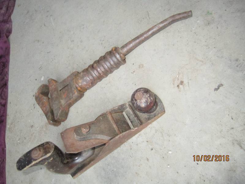 lot 128 image: Antique plane and wrench...