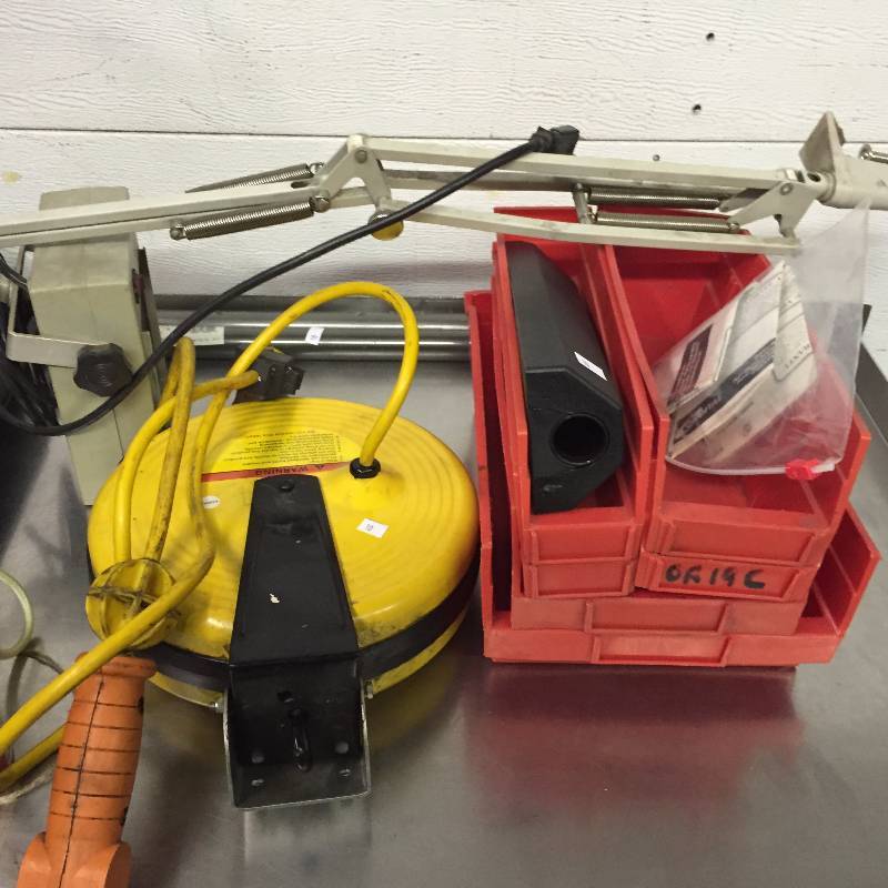 TV MOUNT, BOLT BINS, ROPE, PORTABLE BLOWER, TROUBLE LIGHT AND MISC