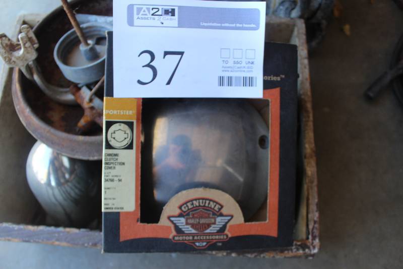 lot 37 image: Lot of Motorcycle Parts Including Chrome Clutch Inspection Cover, Starter, Carburetor