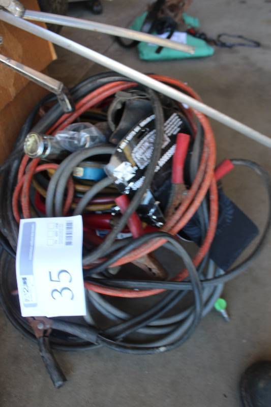 lot 35 image: Lot Including Jumper Cables, Air Hose, Tool Bag, And More