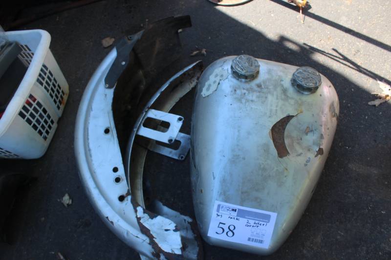 lot 58 image: Lot of (3) Including 1) Gas Tank for Harley Davidson with very desirable gas caps AND 2) Wheel Covers