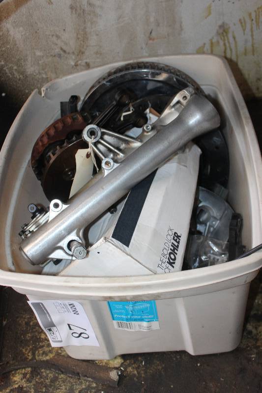 lot 87 image: Lot of Motorcycle Parts Including 1986 Honda Magna 39mm Fork Lower Sliders w Axle, And More