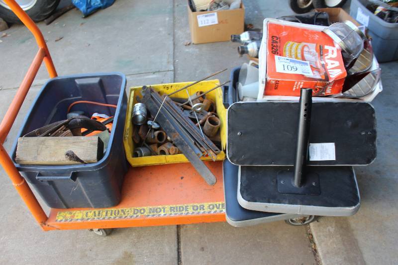 lot 109 image: Contents of Cart Including Filter, Fittings, Bench Pads, And More