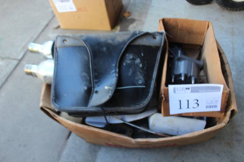 lot 113 image: Lot of Motorcycle Parts Including Saddle Bags, Exhaust, Distributor