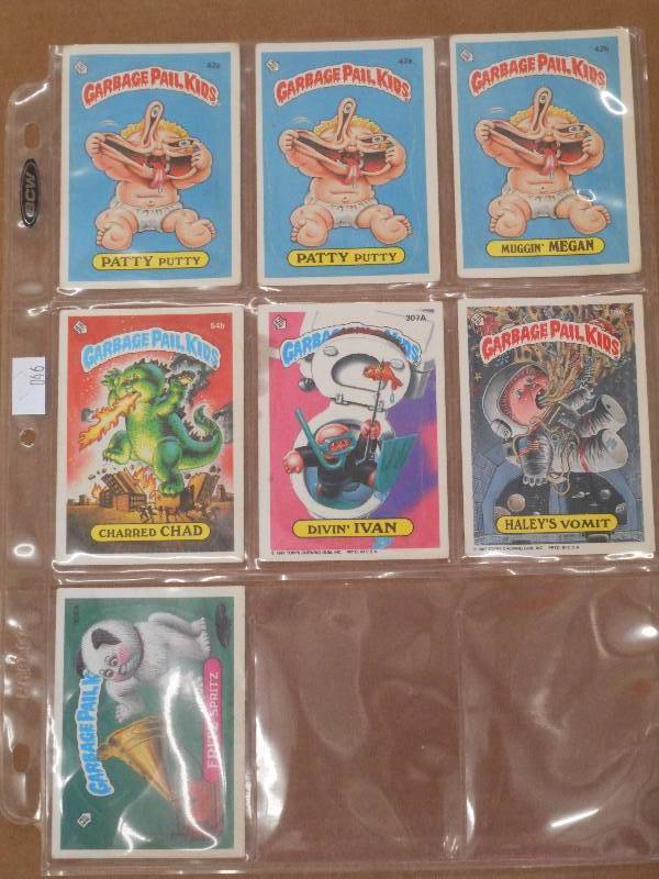 lot 46 image: 1985, 2nd Series - Garbage Pail Kids - Qty. 4 - Patty Putty (2), Muggin Megan, Charred Chad 1987, 4th Series - Garbage Pail Kids - Qty. 3 - Divin Ivan, Haleys Vomit, Fritz Spritz