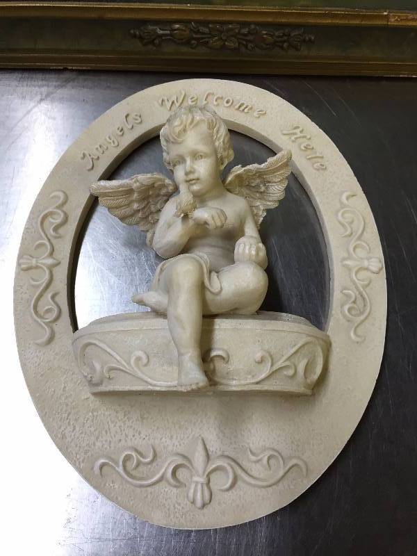 lot 19 image: VINTAGE WALL ART AND ANGEL FIGURINE