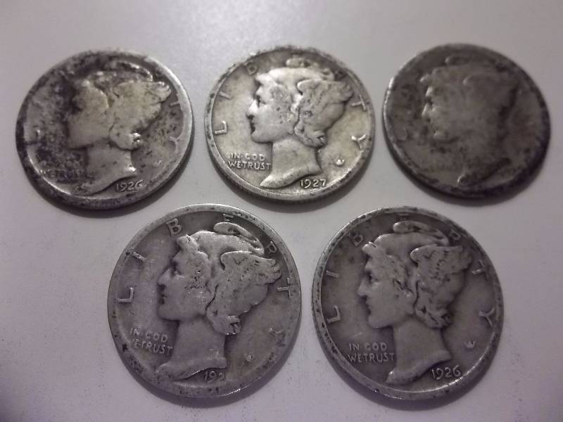 5-Mercury Dimes 1925, 1926, 1927, 1927 D, 1928 S