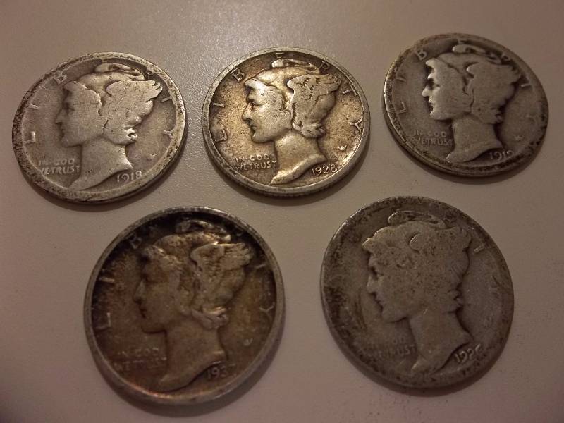 5-Mercury Dimes 1918 S, 1919 D, 1926, 1928, 1937 S