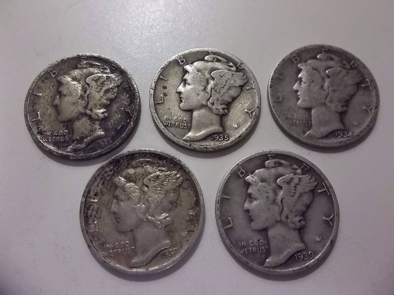 5-Mercury Dimes 1934 D, 1925 D, 1936 D, 1937 D, 1939 S