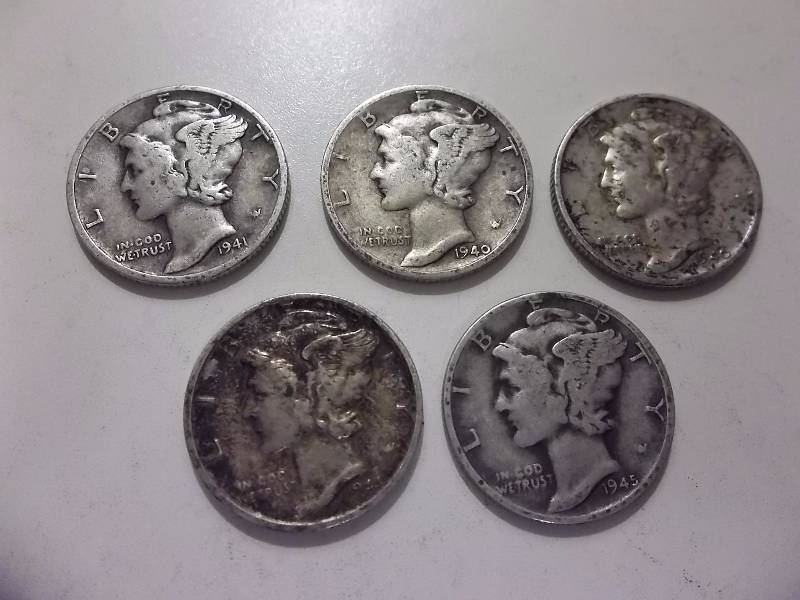 5-Mercury Dimes 1940 S, 1940 D, 1941 S, 1944 S 1945