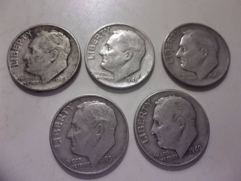 5 Roosevelt Dimes 1946, 1947, 1948 D 1949 D, 1951 D