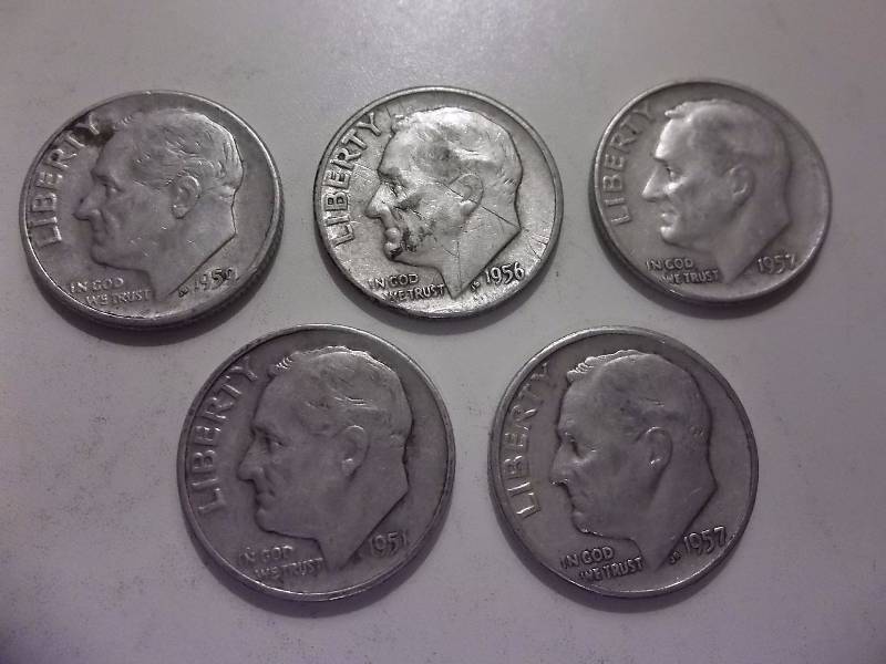5 Roosevelt Dimes 1950, 1951, 1956,  1957, 1957 D