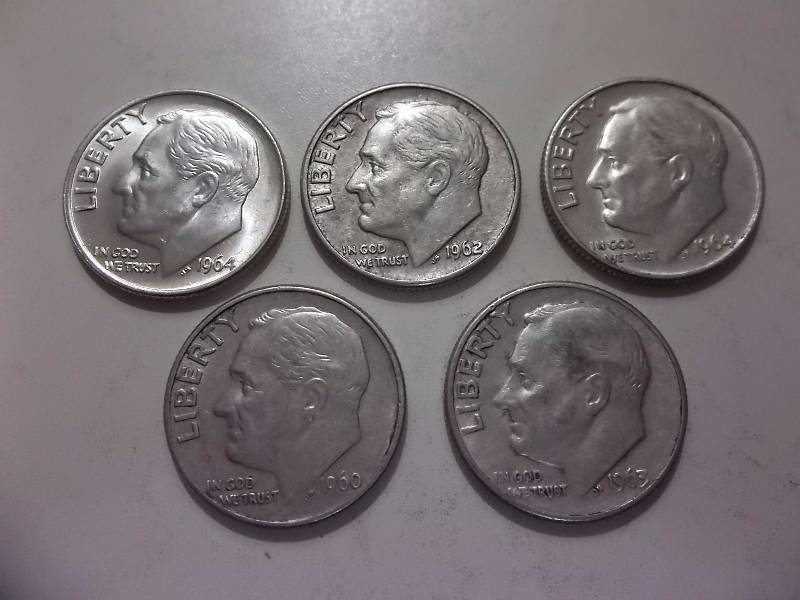 5 Roosevelt Dimes 1960, 1962, 1962 D,  1964, 1964 D