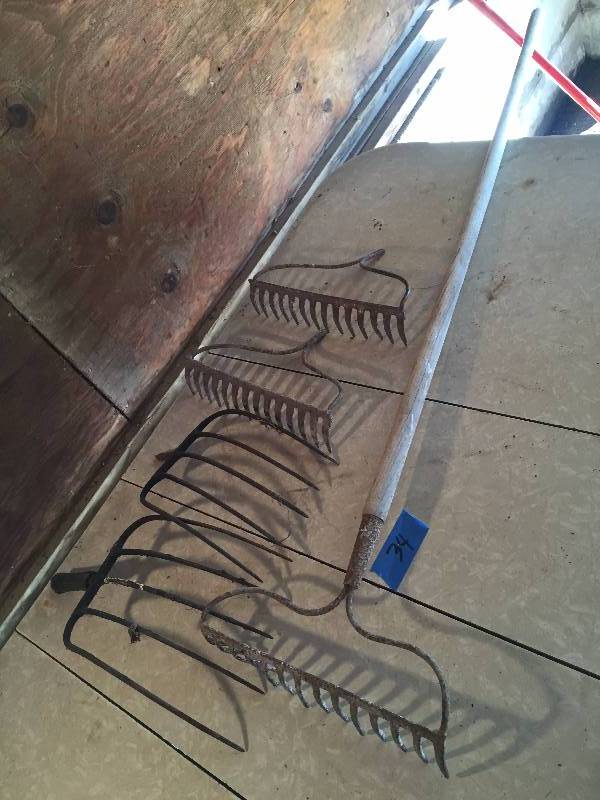TWO PITCH FORKS AND 3 RAKES