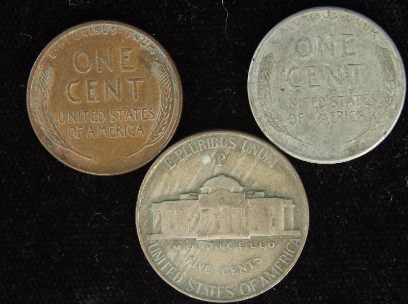 GROUP OF 3 COINS - 1937-D & 1943-S CENTS & 1945-P SILVER WAR NICKEL