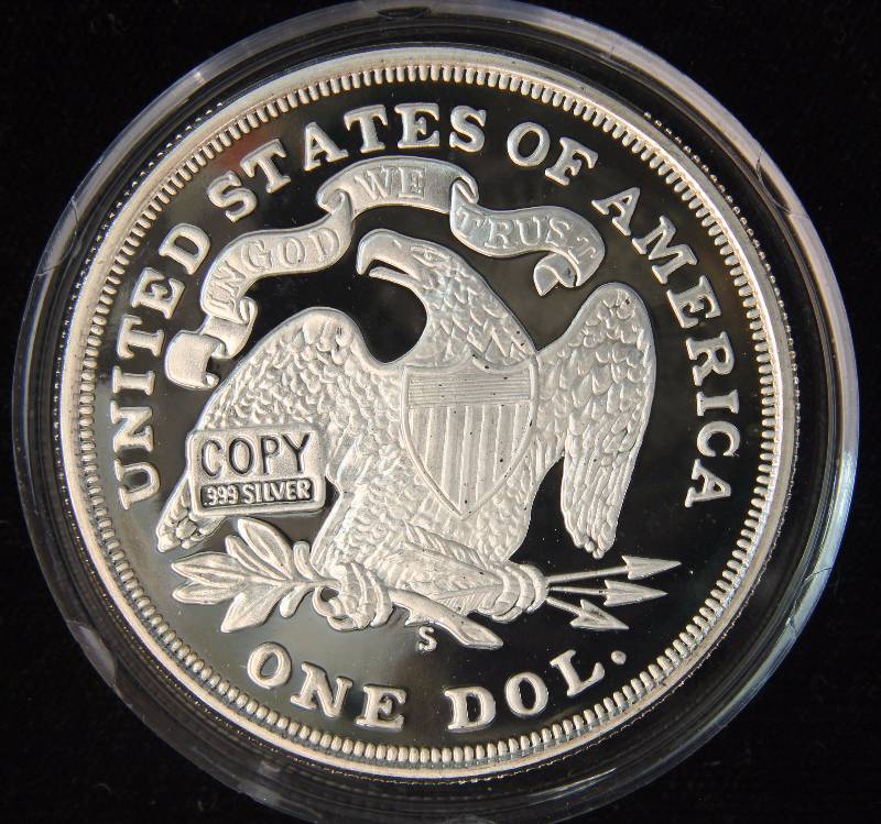 2 TROY OZ. .999 FINE SILVER PROOF 1873 SEATED DOLLAR DESIGN IN AIRTITE HOLDER