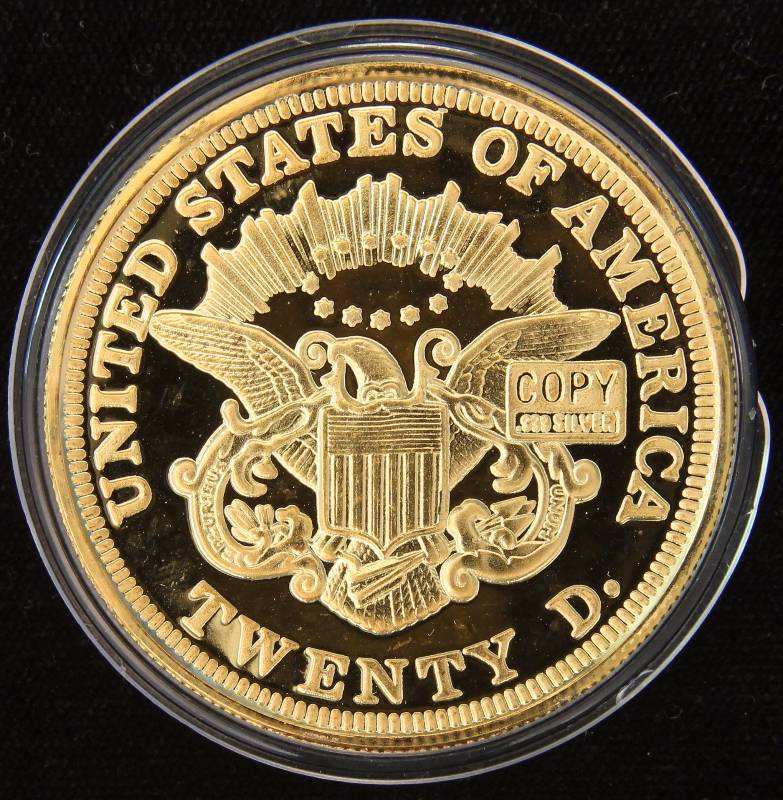 2 TROY OZ. .999 FINE SILVER PROOF 1849 $20 GOLD DESIGN (GOLD PLATED OVER .999 FINE SILVER) IN AIRTITE HOLDER