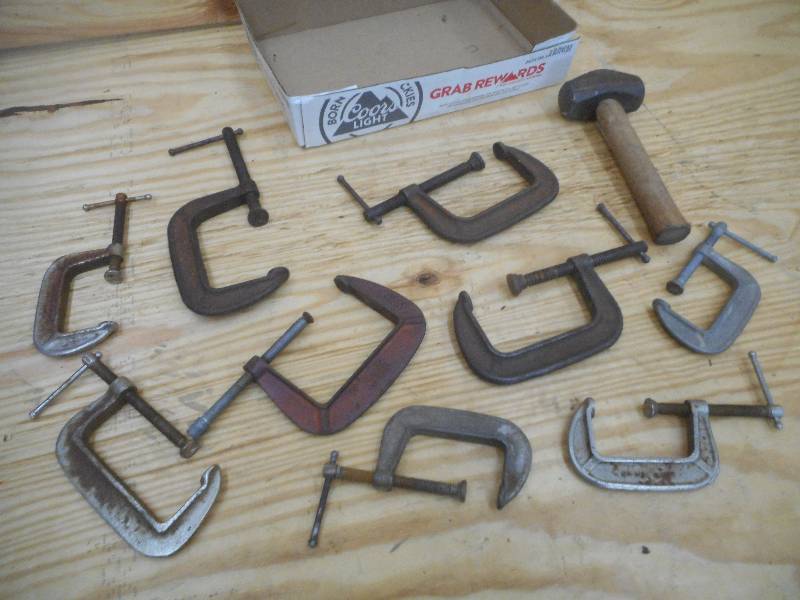 lot 44 image: Box Of (9) C-Clamps & (1) Hammer ...
