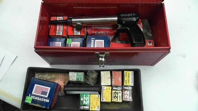 lot 809 image: UNISET RAMSET GUN WITH TOOL BOX FULL FASTENERS