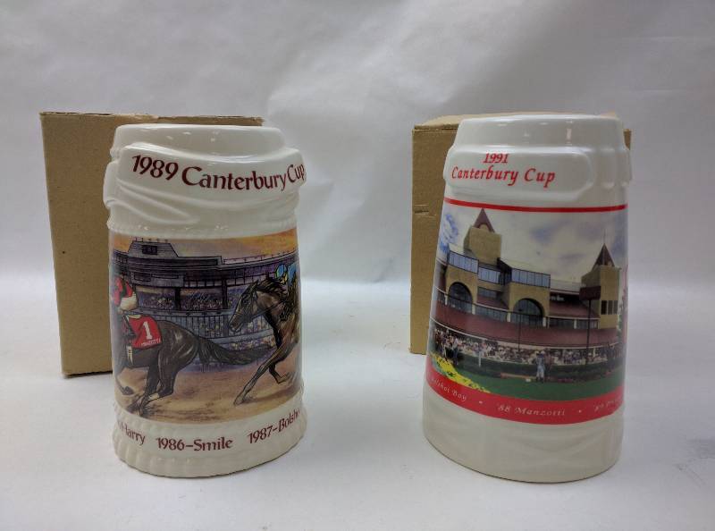 lot 11 image: Set of 2 Canterbury beer stein mugs 1989 and 1991 Limited edition Pint sized Horse racing, Casino, Memorabilia