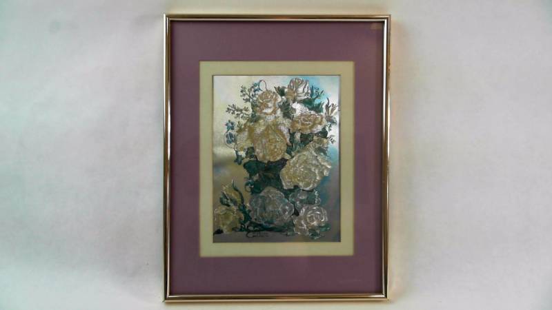 lot 627 image: Marilyn Ward Framed Flower Foil Art Piece