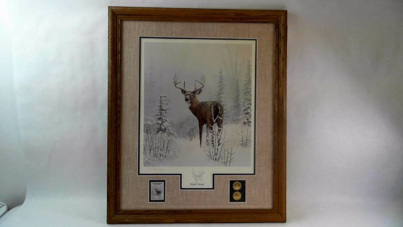 lot 636 image: Winter Wonder by Leo Stans with $8 1990 Deer Stamp
