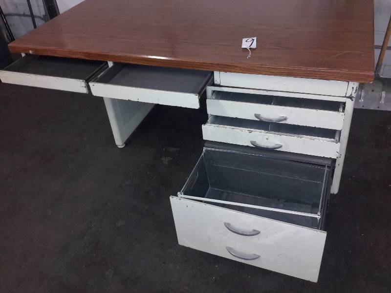 Vintage Steel Desk with simulated wood top.