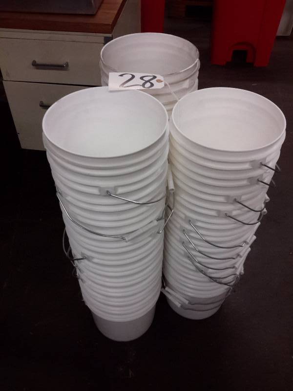 38, 2 gallon white plastic buckets.  3 no handles