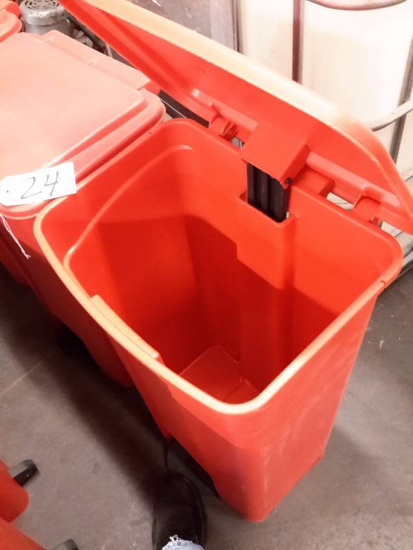 3, 28 gallon plastic waste baskets with opening top by foot peddle