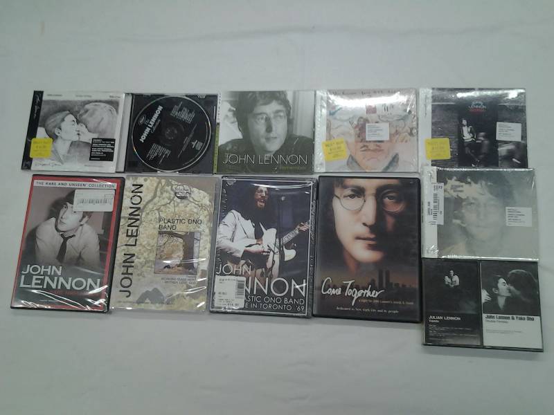 John Lennon DVDs (All Unopened), CDs (Most Unopened), Cassettes