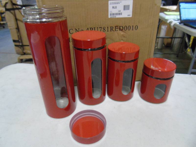 lot 138 image: Chefs Mark Metal Canisters with Glass Windows Set of 4 - Red Color
