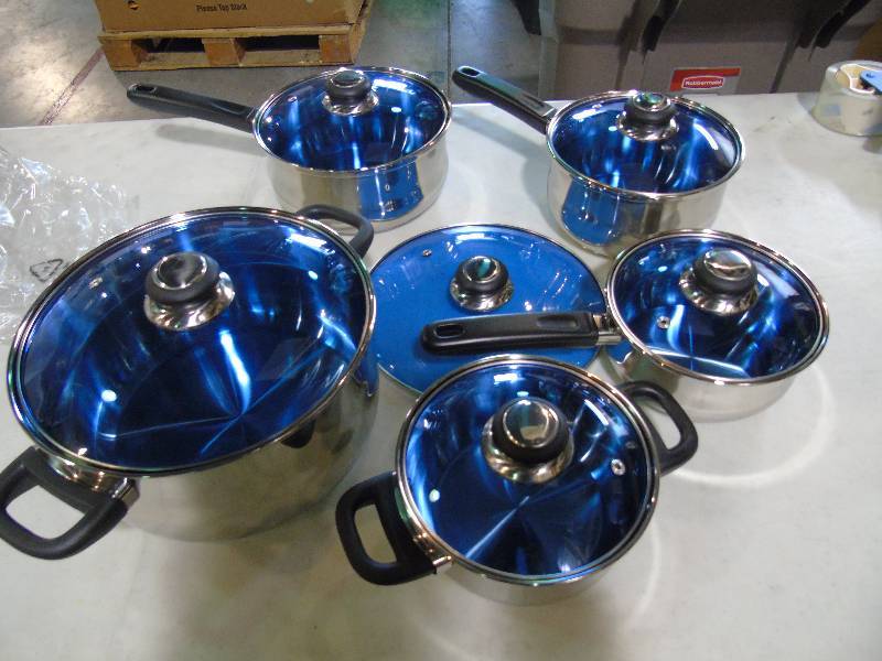 lot 165 image: Alcove 12-Pc. Stainless Steel Cookware Set - Blue Color