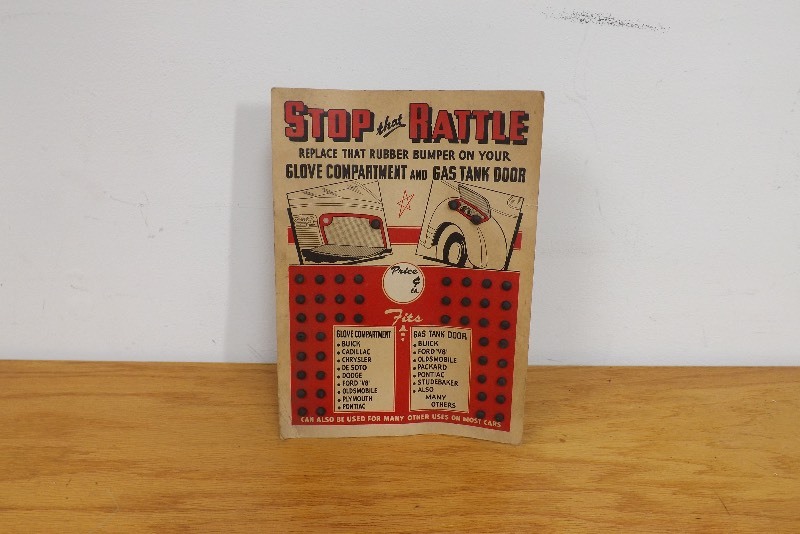 lot 5 image: N.O.S. 1940s-50s Stop that Rattle Gas Tank Door Rubber Bumpers, etc. Cardboard Display
