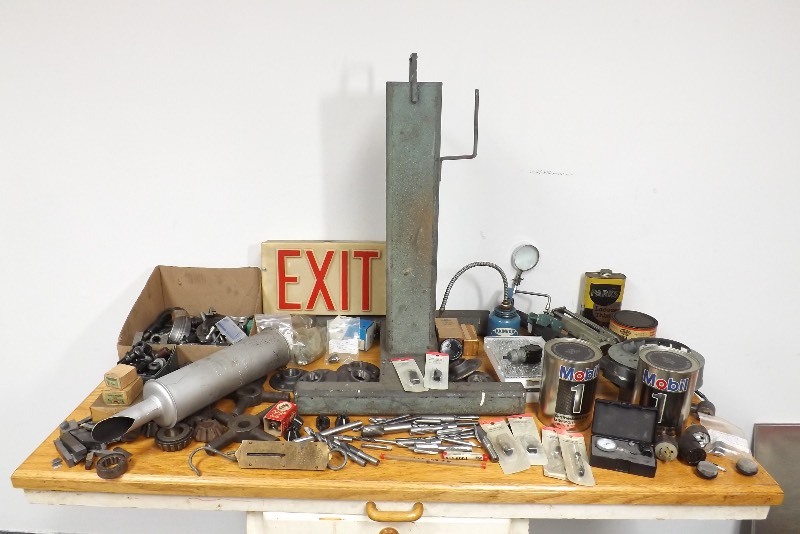 lot 34 image: Large Lot of Industrial Steampunk Tools, Carbide, gears, Stands, Cans, etc.