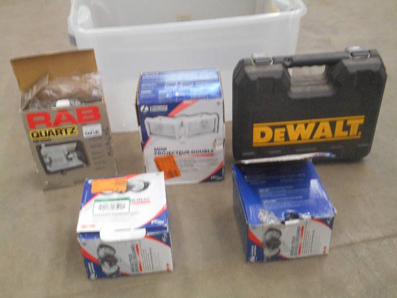 lot 114 image: Tote Of (4) Outdoor Lights & DeWalt...