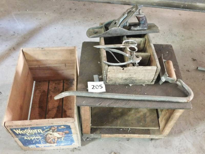lot 205 image: fruit crate, rolling seat cabinet and tools