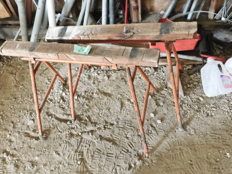 lot 206 image: orange metal and wood saw horses